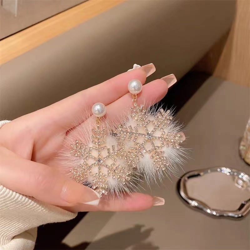 Wholesale Christmas element zircon pearl exaggerated snowflake earrings
